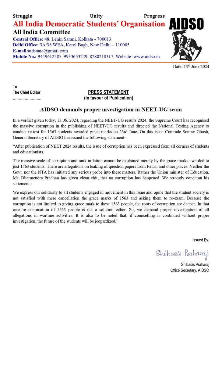 PRESS STATEMENT
13th June 2024

#AIDSO demands proper investigation in #NEET-UG scam

<a href="/MoHFW_INDIA/">Ministry of Health</a> <a href="/NTA_Exams/">National Testing Agency</a> <a href="/Xpress_edex/">Edex - The New Indian Express</a> <a href="/DrMridulSarkar/">Dr Mridul Sarkar</a> <a href="/AIDSO_SOURAV/">Sourav Ghosh</a>