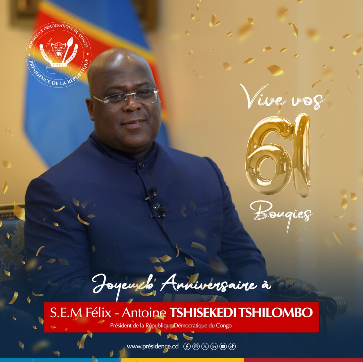 Elyse BOKUMWANA MAPOSO (@elysemaposo) on Twitter photo Bon anniversaire Excellence Monsieur le Président de la République, Chef de l'État . Vous êtes une personne spéciale, je vous souhaite une magnifique journée !
Que cette année soit meilleure et qu'elle vous apporte beaucoup de santé, de succès et de bonheur ! 🎂🎂🎂🎂 <a href="/fatshi13/">Félix A. Tshisekedi</a> Bon anniversaire Excellence Monsieur le Président de la République, Chef de l'État . Vous êtes une personne spéciale, je vous souhaite une magnifique journée !
Que cette année soit meilleure et qu'elle vous apporte beaucoup de santé, de succès et de bonheur ! 🎂🎂🎂🎂 <a href="/fatshi13/">Félix A. Tshisekedi</a>