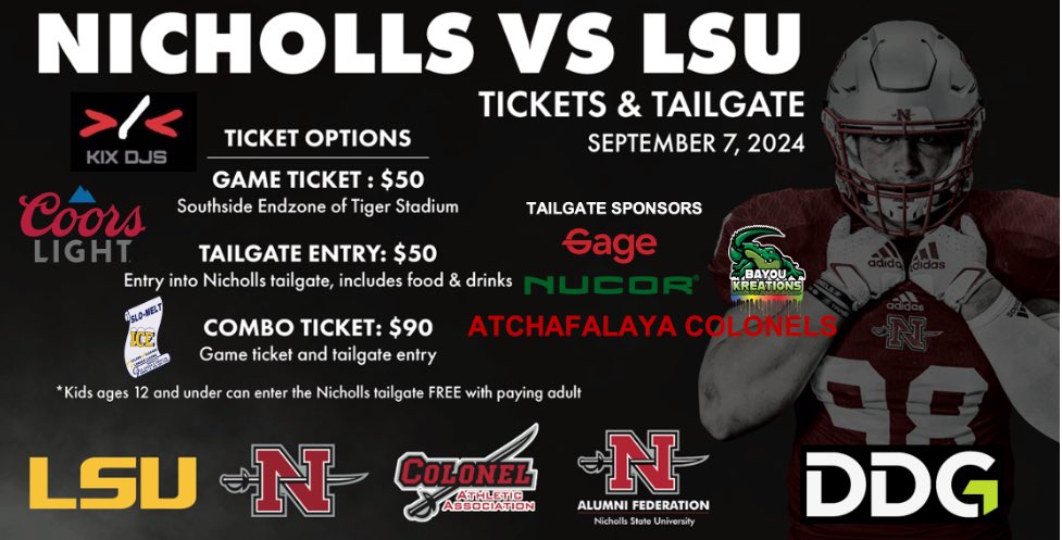 NichollsCAA's tweet photo. JULY 1 DEADLINE: Colonels travel to Tiger Stadium on September 7, 2024 to take on the Tigers! Ticket Link: https://t.co/3yUALOtNwn CAA, Alumni Federation, &amp; Nicholls Foundation are hosting a tailgate &amp; you are invited to join. Included: food, drinks, and music by KIX DJs https://t.co/SnIKwmsqWM
