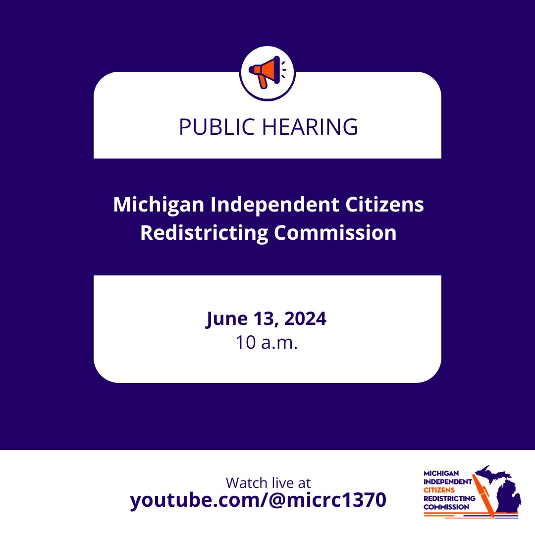 MichSoS's tweet photo. The Michigan Independent Citizens Redistricting Commission will hold a public hearing at 10 a.m. today. A livestream is available at https://t.co/RXl7ZOojzi.

Agenda: https://t.co/nBXHownbyk https://t.co/s4KbJtZUCh