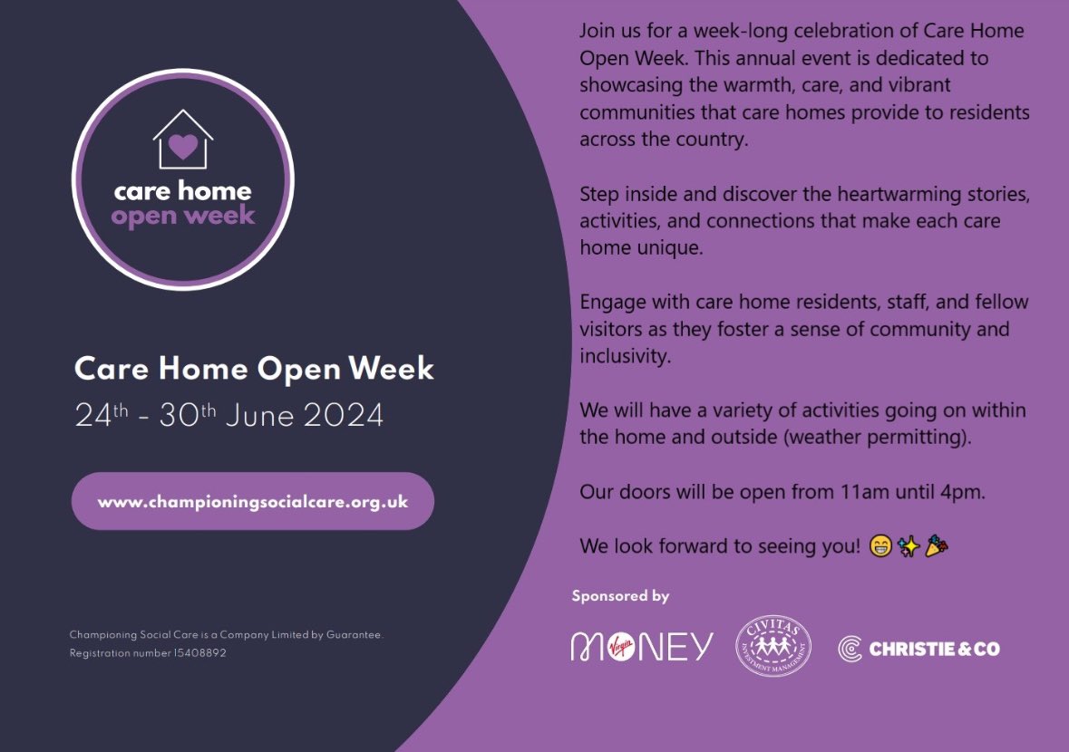 We have a very exciting week coming up at Palmersdene. Activities on for everyone Monday-Friday 11-4!🎉☀️Come join us for Care Home Open Week💜 24th-30th of June. Our doors are open!