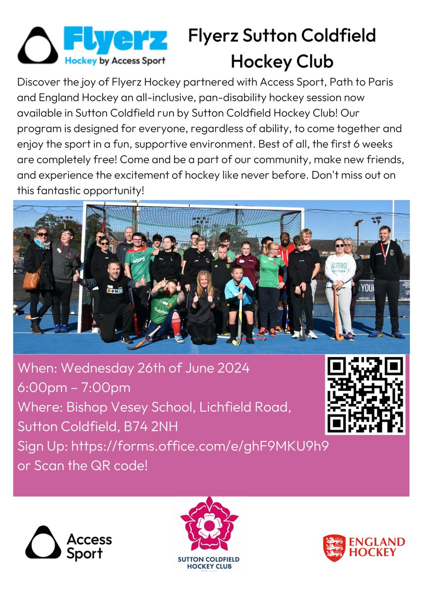 SportBirmingham's tweet image. Inspired to get active in the lead up to the Olympics?🏑👟😃  Check out these fantastic new @FlyerzHockey sessions at Bishop Vesey School in Sutton Coldfield! Sign up here ✍️  bit.ly/4c8hraa

#PathtoParis #InclusiveSport #HockeyForAll
