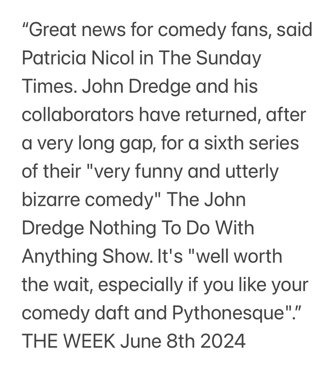 Mighty thanks to The Week too for championing offbeat sketch comedy. (And indeed Patricia Nicol in The Sunday Times.) This week’s episode features the world’s worst actor ‘The Actor Greg Haiste’ attempting, and failing, to tell a knock knock joke. 

comedy.co.uk/podcasts/john_…