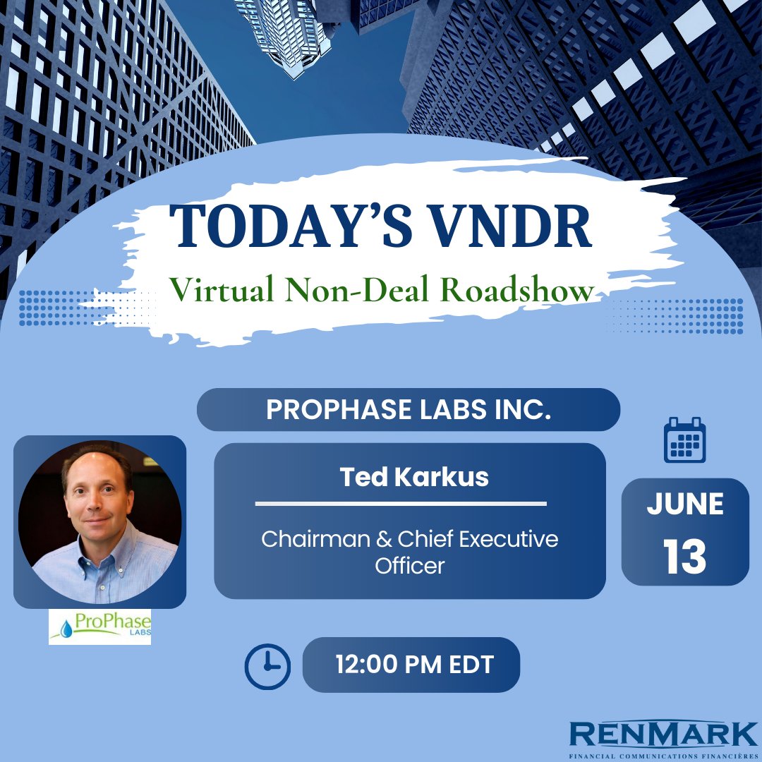 RenmarkMedia's tweet image. Mark your calendars for ProPhase Labs Inc.'s Virtual Non-Deal Roadshow! #RenmarkVNDR

Registration: ow.ly/Ucw450S9N5j

#PRPH #biotech #genomics