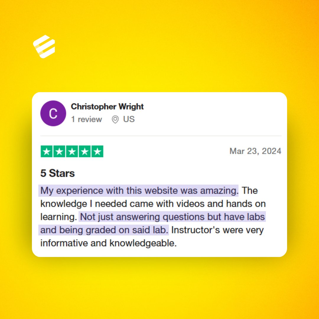 EntryLevelNet's tweet image. Christopher's stellar review is a testament to our commitment to hands-on learning and expert guidance!
Witness the EntryLevel difference today, enroll now: entrylevel.net 💡