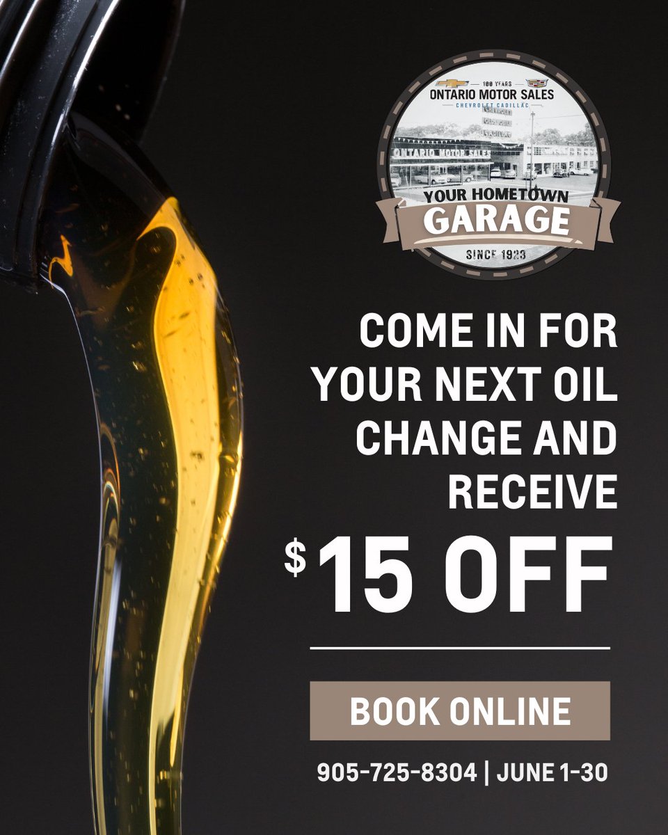 Due for an oil change? We’ve got you covered with $15 off your next ACDelco Synthetic Oil Change appointment! Book online at ontariomotorsales.com then simply come into your Hometown Garage and speak to your service advisor for your discount! CODE : 01GMZZSOCIAL