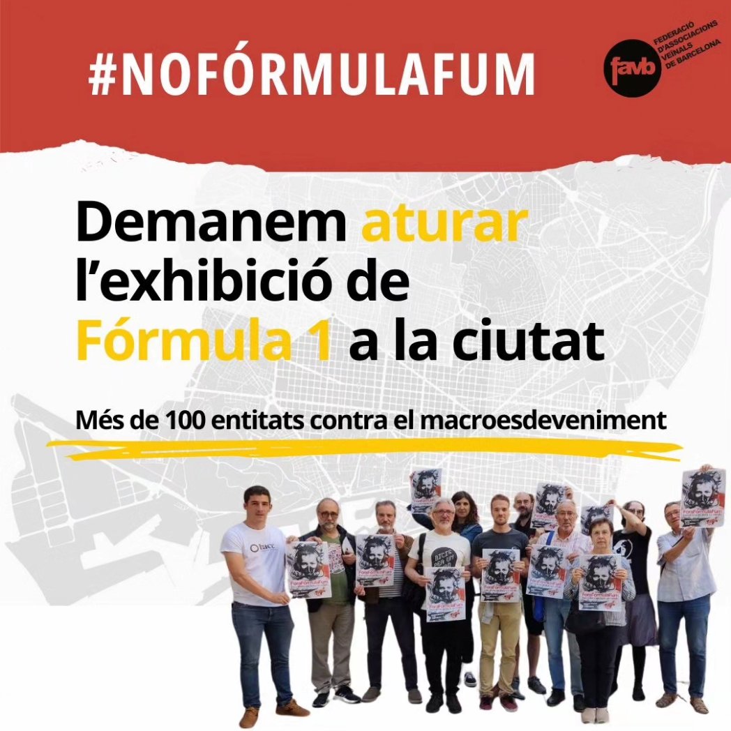 FAVBcn's tweet photo. 🟡 🏎️ COMUNICAT | Avui fem públic el manifest unitari que ja hem signat 119 entitats en rebuig del macroesdeveniment de la #Fórmula1 i per una ciutat on el veïnat pugui viure dignament.

📲 Podeu adherir-vos i llegir-lo sencer https://t.co/RbnPt04jLG

✊ Ens veiem dimecres 19/06! https://t.co/H5hm29EhHh