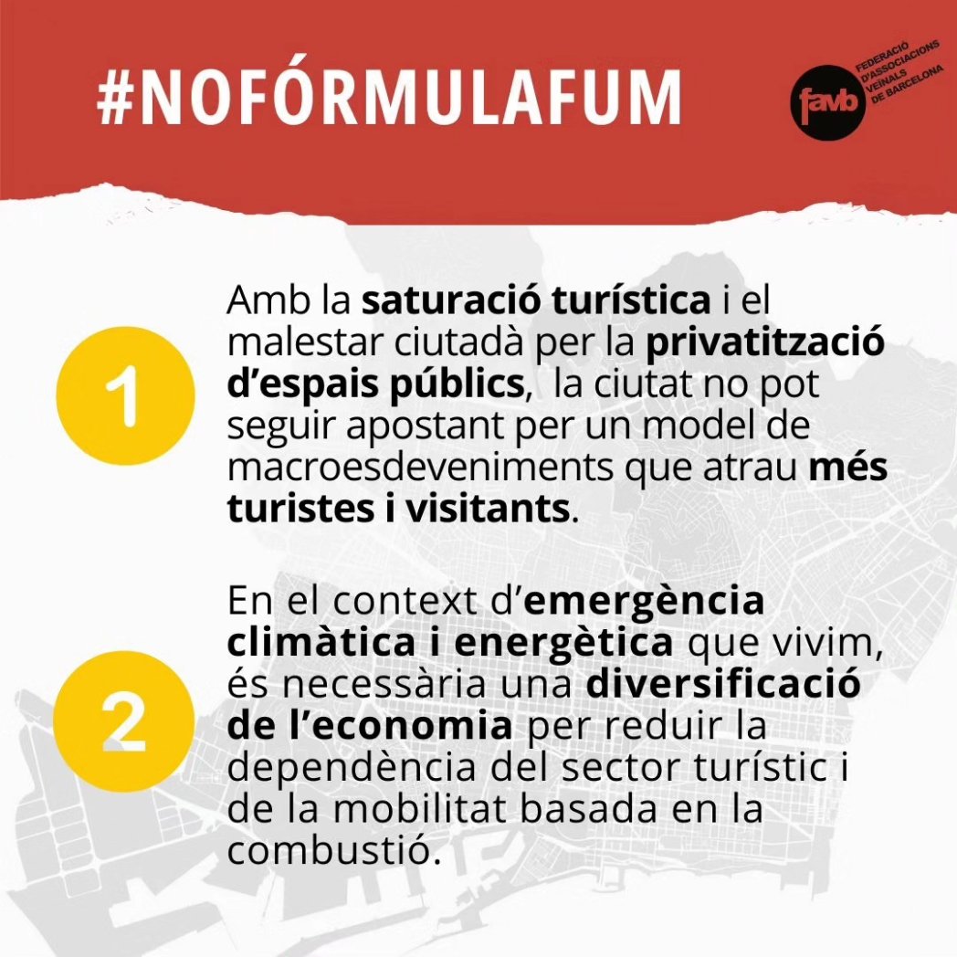 FAVBcn's tweet photo. 🟡 🏎️ COMUNICAT | Avui fem públic el manifest unitari que ja hem signat 119 entitats en rebuig del macroesdeveniment de la #Fórmula1 i per una ciutat on el veïnat pugui viure dignament.

📲 Podeu adherir-vos i llegir-lo sencer https://t.co/RbnPt04jLG

✊ Ens veiem dimecres 19/06! https://t.co/H5hm29EhHh