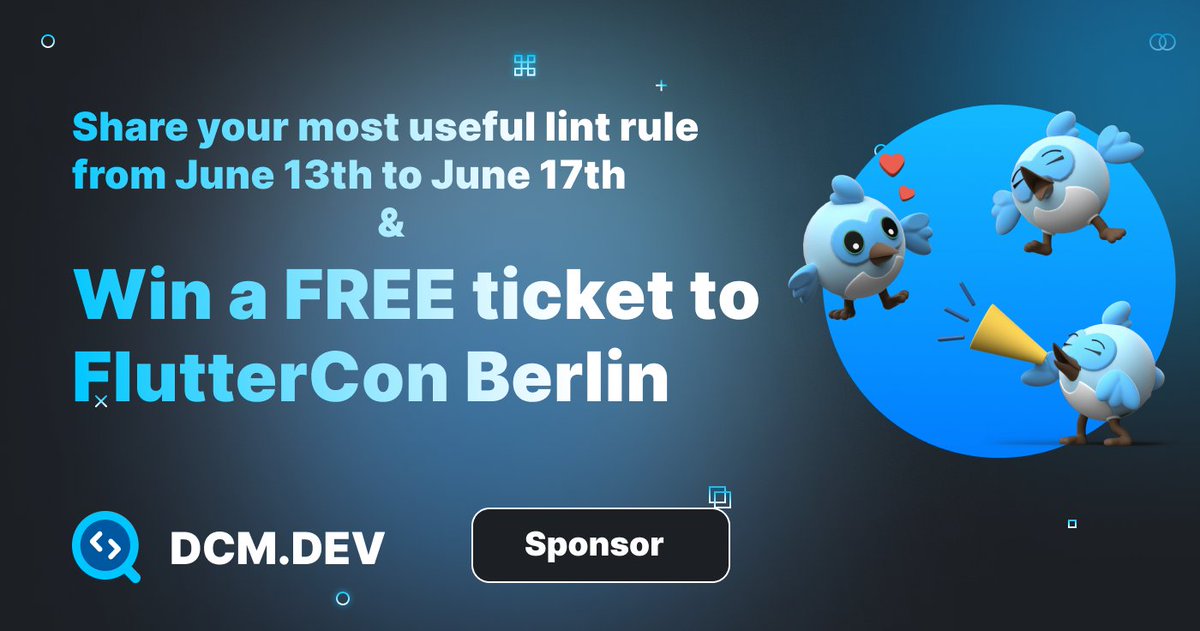 Since we are sponsoring <a href="/FlutterconWorld/">Fluttercon</a>, we have 5 free tickets to give away! 🎉 To participate, complete the following sentence:
✨ Most useful Flutter lint rule is… ✨

We'll announce the winners on June 19th. Let’s comment 👇