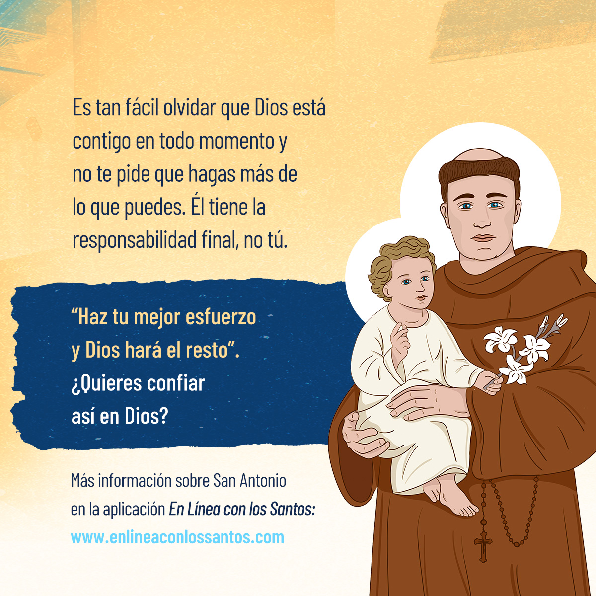 ¿A veces sientes que has perdido la motivación o la alegría de vivir? Siempre hay esperanza cuando miras a Dios y, San Antonio puede ayudarte a encontrar una respuesta 🙏😇.

Comparte este post con un amigo que lo necesite ❤️