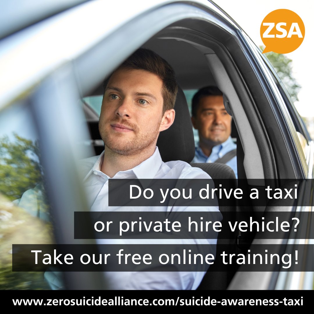 Zer0Suicide's tweet photo. Are you a #taxi or private hire #driver? 

Take our #SuicideAwareness training developed with taxi drivers. It could help you gain knowledge and confidence to help someone struggling with suicidal thoughts.

https://t.co/cAnJwruUNF https://t.co/1Vjflna3n5