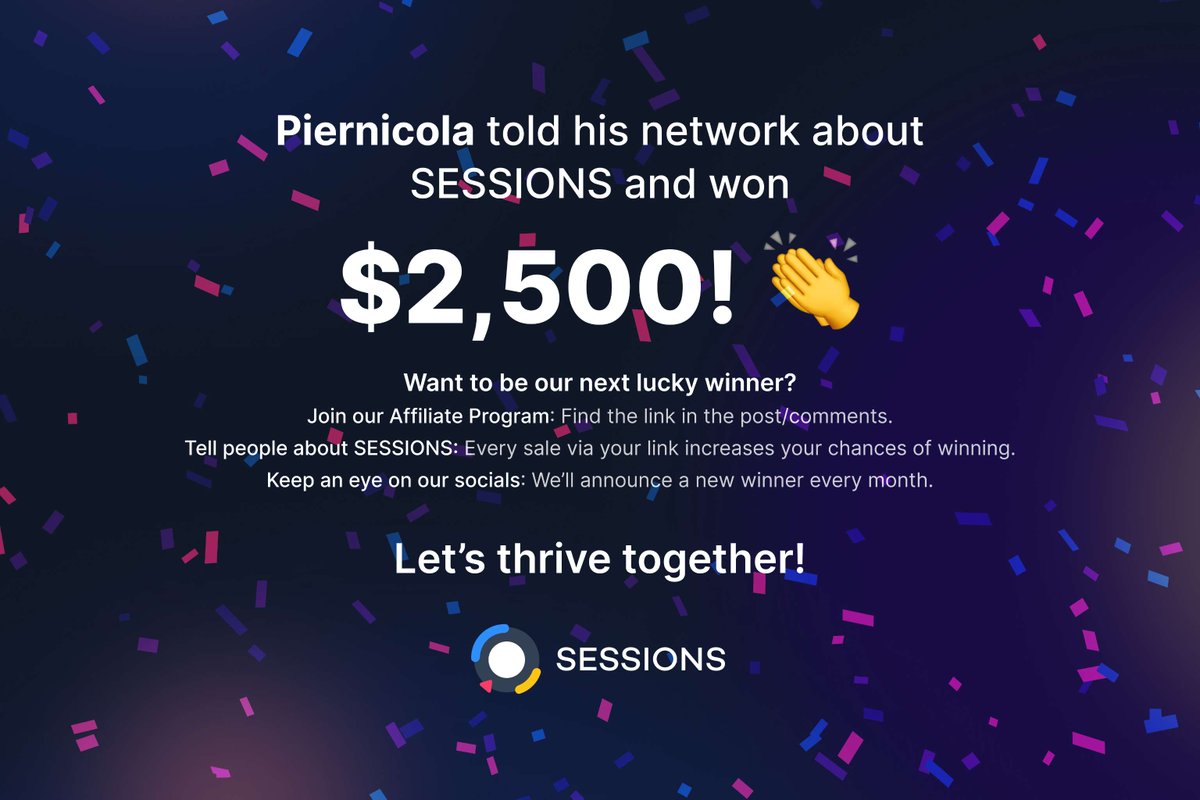 Get_Sessions_'s tweet photo. 🎉 Big shoutout to @piernicola for sharing the love about SESSIONS and winning an awesome $2,500 reward! 🤑💥
Want to be our next lucky winner? Join our Affiliate Program 👇
https://t.co/nA5hBv989Z
#AffiliateWin #JoinUs #SESSIONSSuccess https://t.co/EfUe86tIWh