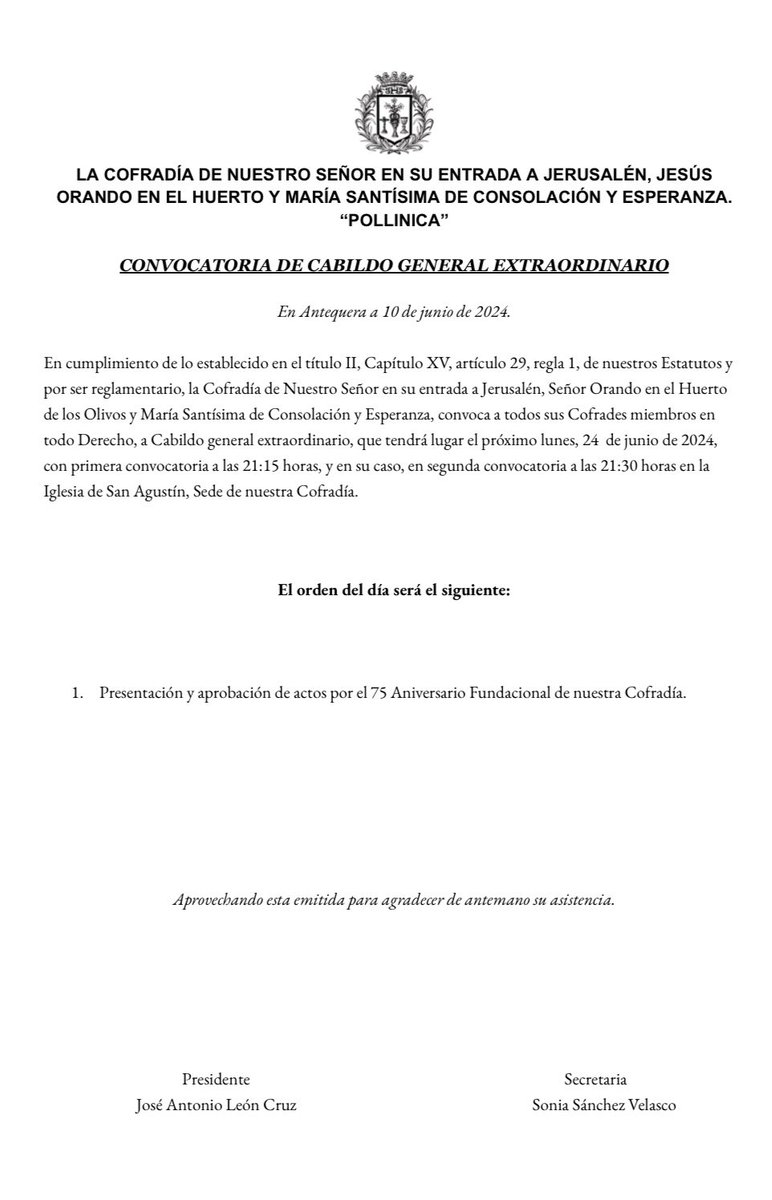 🔴 CONVOCATORIA A CABILDO GENERAL ORDINARIO.

📆 LUNES 24 de Junio.
⏰ 20:30 H. / 21:00 H.
📍 Iglesia San Agustín.

🔴 CONVOCATORIA CABILDO EXTRAORDINARIO.

📅: LUNES 24 de Junio.
⏰: 21:15H / 21:30H.