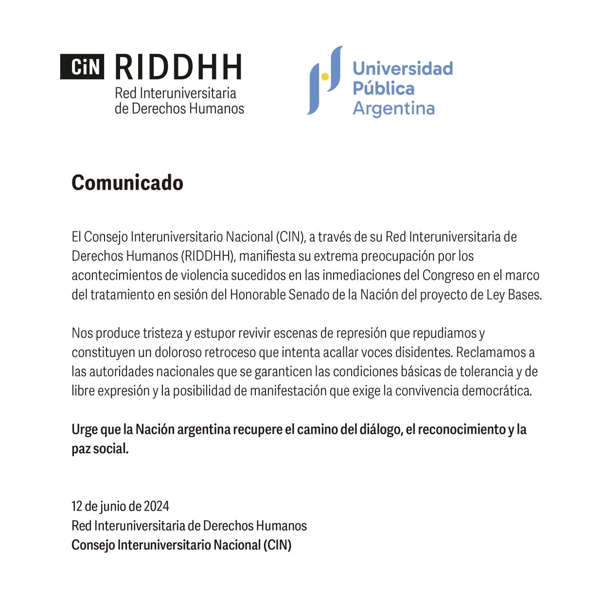 CINoficial's tweet photo. 🗣️ Compartimos el comunicado emitido ayer por la Red Interuniversitaria de Derechos Humanos #RIDDHH del @CINoficial https://t.co/0m6bUO6f9h