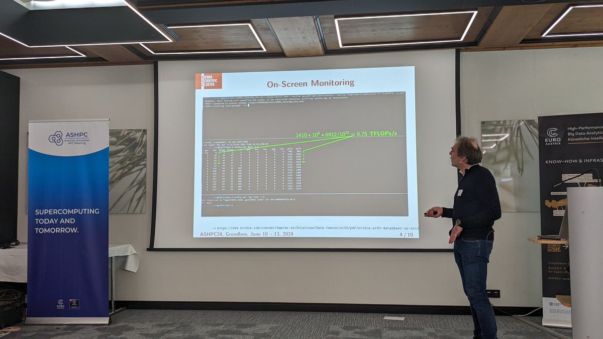 VSCluster's tweet photo. The closing talk Exploring energy-efficient #GPU computing. Conclusions by Markus Hickel & Siegfried Höfinger:
• Be careful when using roofline analysis w/ Nvidia nsight
• Optimal operation mode for pure F64 kernels - 170 W
#ASHPC24 https://t.co/ynaMcXjTnR