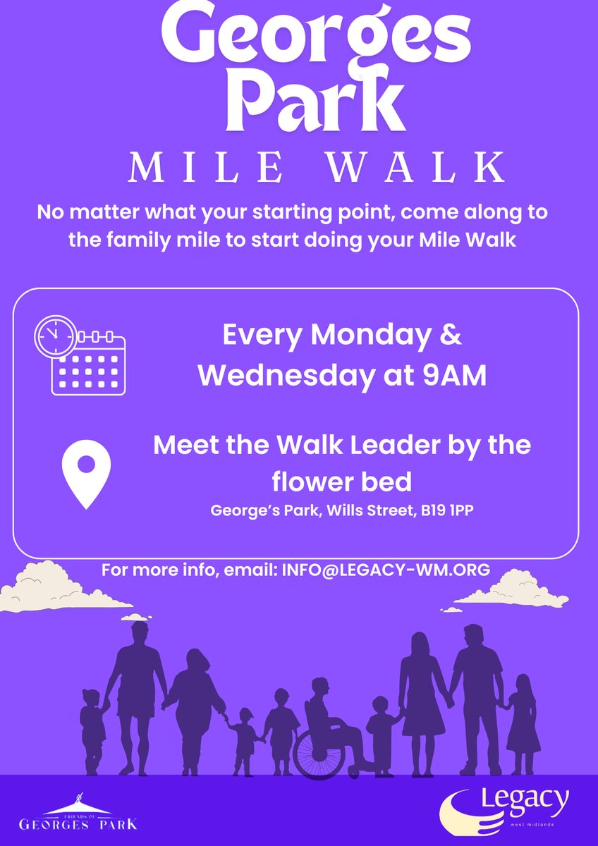 Legacy WM (@legacywm1) on Twitter photo Come along to <a href="/georges_park/">Friends of Georges Park</a> every Monday to Wednesday at 9AM for a lovely brisk walk in the park!🚶🏾♀️🚶🏻♂️🌳
All are welcome so please share with your network 😊💚
Contact 📧: info@legacy-wm.org for more details Come along to <a href="/georges_park/">Friends of Georges Park</a> every Monday to Wednesday at 9AM for a lovely brisk walk in the park!🚶🏾♀️🚶🏻♂️🌳
All are welcome so please share with your network 😊💚
Contact 📧: info@legacy-wm.org for more details