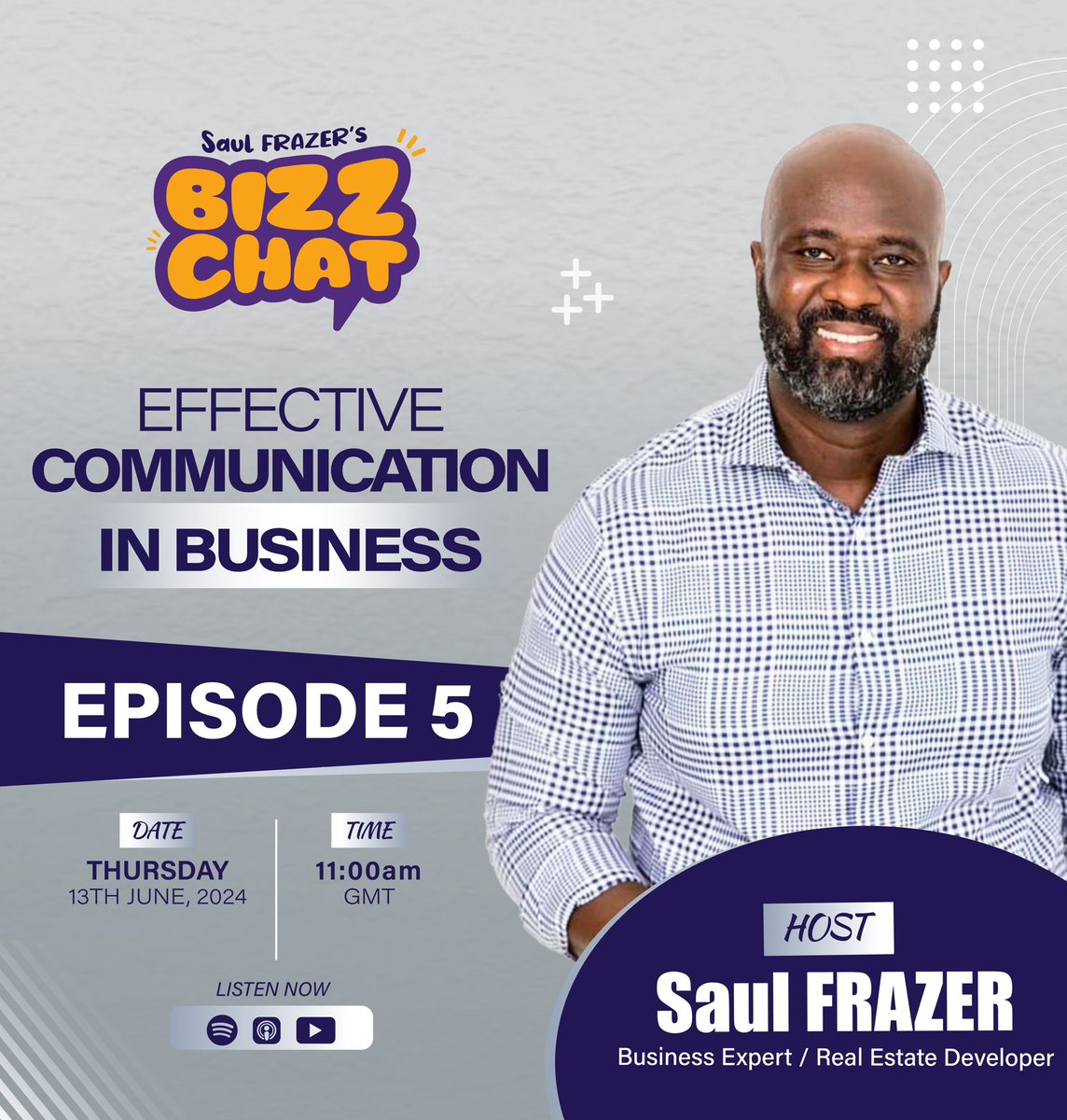 saul_frazer's tweet photo. Speaking and listening are crucial skills in business.
In Episode 5 of Saul FRAZER's #BizzChat, we speak about Effective Communication for businesspeople.
You can listen on: https://t.co/r6EwH9F2I3
#Business
#Communications #SaulFRAZER https://t.co/EbGeyrsvzB