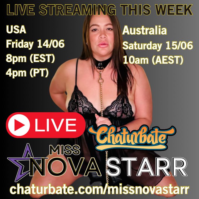 📣 Live Streaming Alert! 🚨  Join Miss Nova Starr live on Chaturbate this week!  🇺🇸 USA: Friday, 14/06<a href="/tag/liveshow"class="tags"><span>#liveshow</span></a><a href="/tag/nsfw"class="tags"><span>#nsfw</span></a><a href="/tag/chaturbate"class="tags"><span>#chaturbate</span></a><a href="/tag/missnovastarr"class="tags"><span>#missnovastarr</span></a>