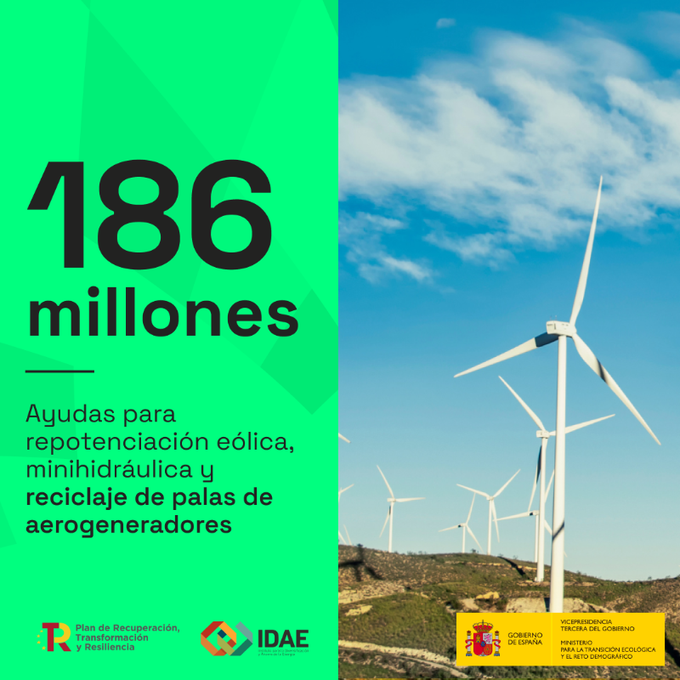 Invertimos 186 millones € para renovar y reciclar parques eólicos e hidroeléctricas ⚡️
 » 169 proyectos
 » 6.800 empleos

Gracias al programa de Repotenciación Circular <a href="/IDAEenergia/">IDAE</a>
→ Reciclaremos 10.000 de toneladas de palas eólicas cada año

+info t.ly/IRQHZ