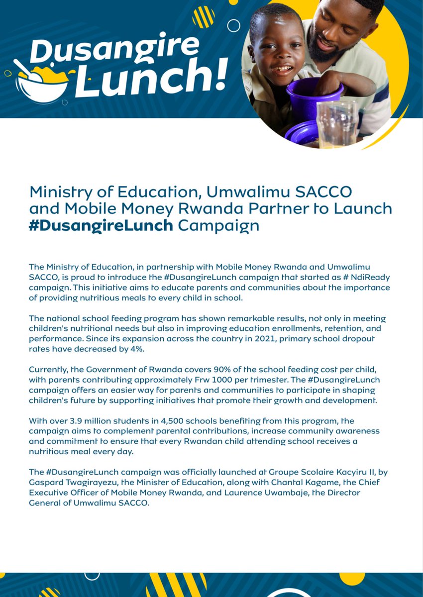 MoMo_Rwanda's tweet photo. Ministry of Education, Umwalimu SACCO
and Mobile Money Rwanda Partner to Launch #DusangireLunch Campaign. https://t.co/snYUTEDPl7