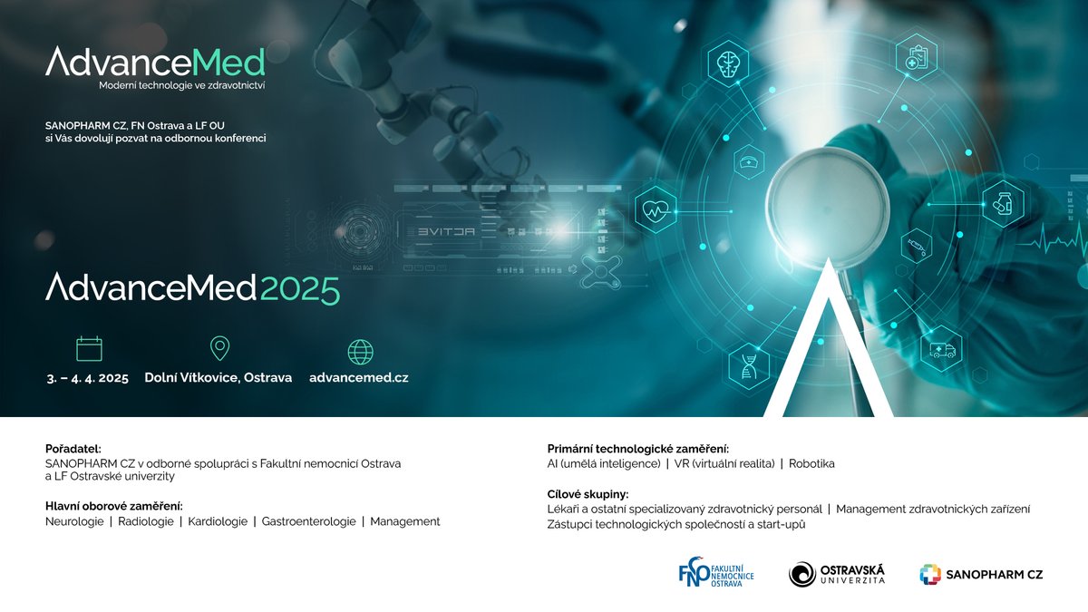 FN_Ostrava's tweet photo. 💻AdvanceMed2⃣0⃣2⃣5⃣ je specializovaná odborná konference, kterou bude pořádat @FN_Ostrava🏥a @LekarskaO. Zaměří se na moderní technologie ve zdravotnictví, a i když se uskuteční až příští rok v dubnu, určitě si ji už teď nezapomeňte poznačit v 🗓️kalendáři. Bude to stát za to❗️ https://t.co/PJFusMLKYI