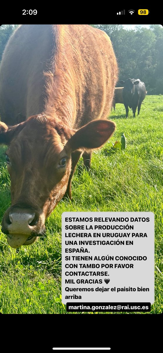 Buenas! Necesitamos su ayuda! Buscamos productores lecheros uruguayos que nos brinden datos para una investigación en España. 
Por favor contactarse al siguiente Mail: martina.gonzalez@rai.usc.es
Muchas gracias 🇺🇾
