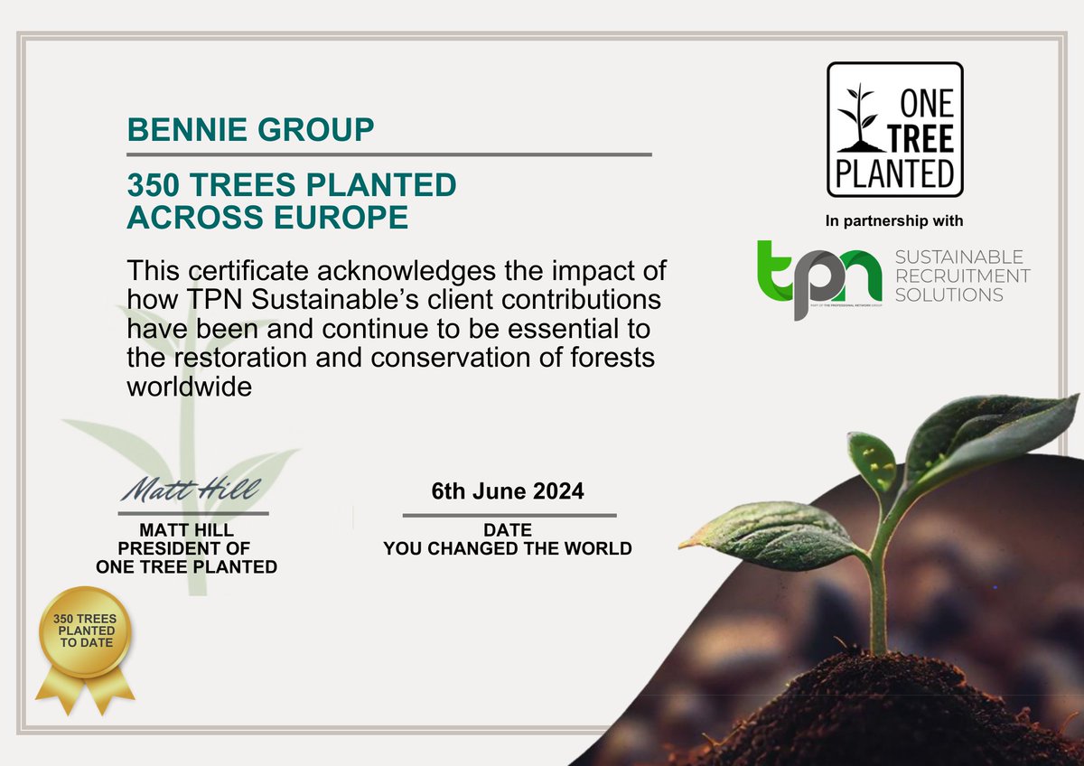 BENNIE are thrilled to have worked with TPN Sustainable Recruitment Solutions on filling a recent Management Accountant role, resulting in 350 trees being planted across Europe.

#recruitment #sustainable #green #trees #BENNIE