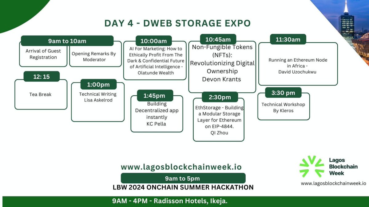 LagosBlockWeek's tweet image. 🚀📷The Lagos Blockchain Week 2024 !!! 
💥💥Day 4: DWeb Storage Expo
Join us at The Radisson Hotel, Ikeja

#LBW2024 #LagosBlockchainWeek #Blockchain