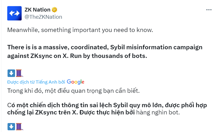 ✅#ZKsync đang nói là họ bị một chiến dịch thông tin sai lệch Sybil lớn tấn công bởi hàng nghìn bot trên X. 

👉 Nhầm rồi bạn ơi, nó là hàng triệu users thật sự đấy.

🚫 Bạn bảo '' vì cộng đồng '' mà bạn #airdrop cho người dùng thật sự mấy năm trời như