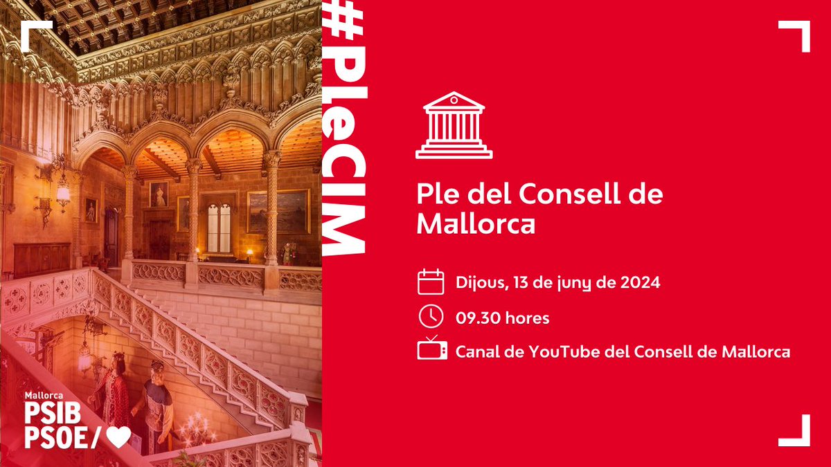 SocialistesdMca's tweet photo. ☕️ Bon dia!
🏛️ Ja ha començat el Ple Ordinari del mes de juny del Consell de Mallorca.
📲 El pots seguir en directe aquí:
https://t.co/u6gXc8F2sf
#PleCIM https://t.co/k1A3ms5lXb