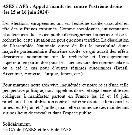 L'<a href="/ASES_contact/">ASES</a> et l'<a href="/afs_socio/">Association Française de Sociologie</a> lancent un AAM - Appel à manifester ! ⬇️
Contre l'extrême droite, ce weekend, soyons nombreux et nombreuses à construire une mobilisation sociale forte ! ✊