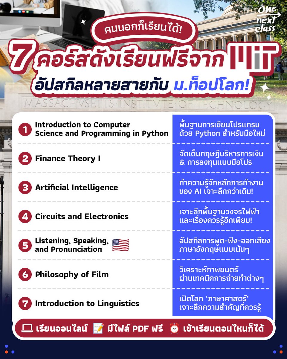 tornokandcourse's tweet photo. 🎓🌍 มีคอร์สเรียนฟรีจาก ม.ท็อปโลกมาฝากกัน! กับ 7 คอร์สออนไลน์ของ #MIT ที่เปิดให้ทุกคนเข้าไป upskill ความรู้หลากหลายสายได้แบบไม่เสียค่าใช้จ่าย แถมมีไฟล์ materials ให้ดาวน์โหลดเรียนตามอีกด้วย เหมือนยกคลาสจริงมาเลย! 

⭐ พิกัดคอร์สทั้งหมด https://t.co/j9JgAOfjL0

#คอร์สดีบอกต่อ https://t.co/I2Np7rDNvc
