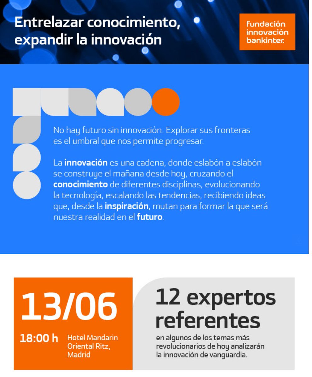 FundacionBKT's tweet photo. 💡 Entrelazar conocimiento, expandir la innovación

📅 13 de junio, 18:00h
🏨 Hotel Ritz, Madrid

- Computación y Agua: Nuevos paradigmas
- Agua y Energía: Soluciones para el recurso más vital
- Espacio y Agua: Mejorar la vida en la tierra:

➡ https://t.co/OKNB6Pnmar https://t.co/JK1GHGtr8N