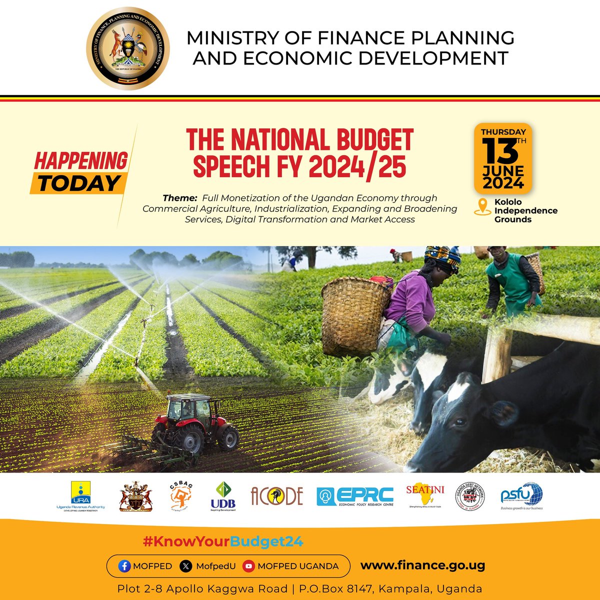 VickyVaroh's tweet photo. The National Budget Speech for FY 2024/2025 is happening today at Kololo Independence Grounds.

Tune to all major radio &amp; Tv stations for live broadcast of the event. #KnowYourBudget2024

@MosesWatasa @Makerere  @MatiaK5 @CHRISBARYOMUNS1 @ACODE_Uganda @MoICT_Ug @Dennis_Katungi https://t.co/iDl1PQU0se
