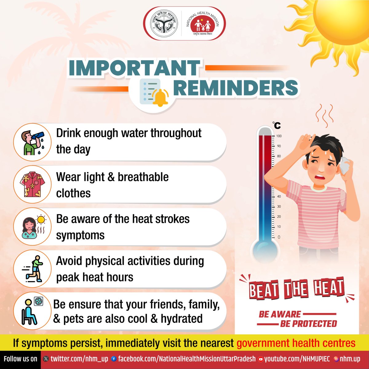 nhm_up's tweet photo. #Hydration & awareness are the keys to #Beating_the_Heat.
Keep yourself #protected & #safe during the hotter hours by following these important #reminders👇
#BeatTheHeat
#Heatprevention https://t.co/kkJiH2uVhx