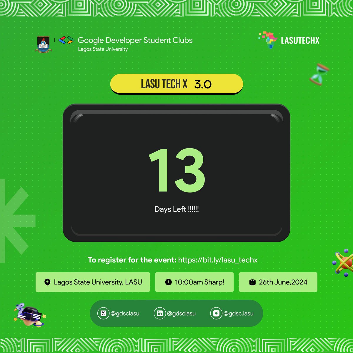 gdgoc_lasu's tweet image. 𝟭𝟯 𝗠𝗼𝗿𝗲 𝗗𝗮𝘆𝘀 𝘁𝗼 𝘁𝗵𝗲 𝗕𝗶𝗴𝗴𝗲𝘀𝘁 𝗘𝘃𝗲𝗻𝘁 𝗮𝘁 𝗟𝗔𝗦𝗨!!!

Get your tickets at: bit.ly/lasu_techx

We can&apos;t wait to have you! 💚

#techies #LASUTECHX3 #techevent