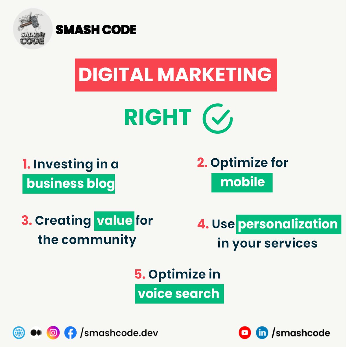 Smashcodedev's tweet image. " DIGITAL MARKETING RIGHT ✅ "
#smashcode #smashcodedev #letsconnect #digital #digitalmarketing #marketing #socialmedia #socialmediamarketing #business #businessblog #mobile #creating #community #services
Visit our website to explore more✨🌐
Link is below👇🏻
Follow for more✨🚀