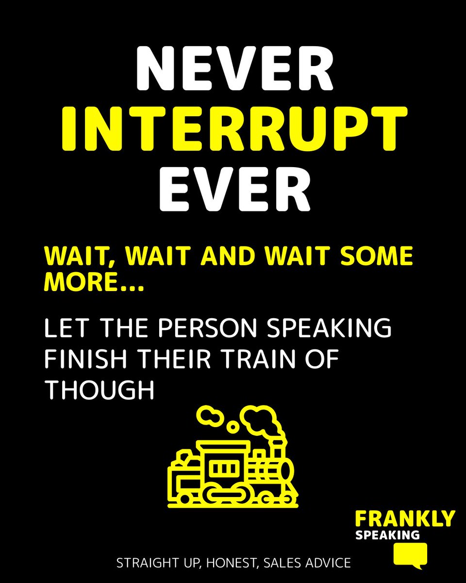 FChevannes's tweet image. Never interrupt.
Demonstrate your ability to respectfully listen and learn. Focus and take notes.

#skillstolearn #salestips #coaching #techsales #valueselling #thedeal #theclose #confidence #onlinecoaching #b2b #salestechniques #emotionalintelligence