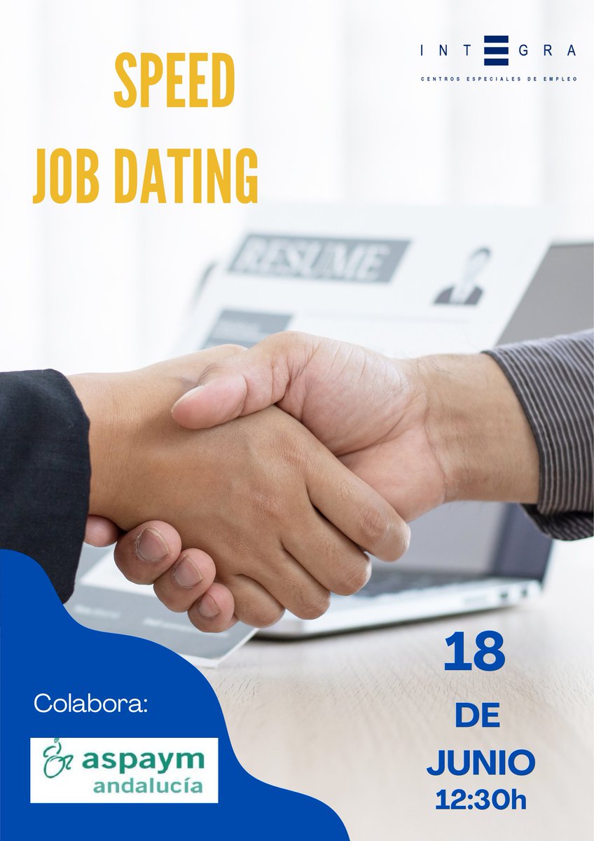 Integracee's tweet photo. 📅El próximo martes 18 de junio organizamos junto a @ASPAYMAndalucia un encuentro de entrevistas rápidas para seleccionar perfiles profesionales de administración, limpieza y servicios auxiliares. #TrabajoEnRed #SpeedJobDating #InclusiónLaboral #Empleo #IntegraCEE https://t.co/yRjBdNAAjv