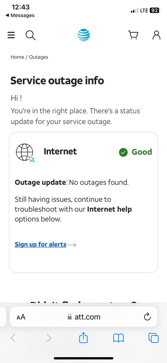 kristendmitruk's tweet photo. @ATT @ATTHelp My internet has been down for 10 hours now and your phone and online support has been no help!  It says there’s no outage in my area but I received a text saying otherwise.  I WFH and rely on my internet.  What the heck is going on? Never had issues with  spectrum https://t.co/zg3HoCzbRM