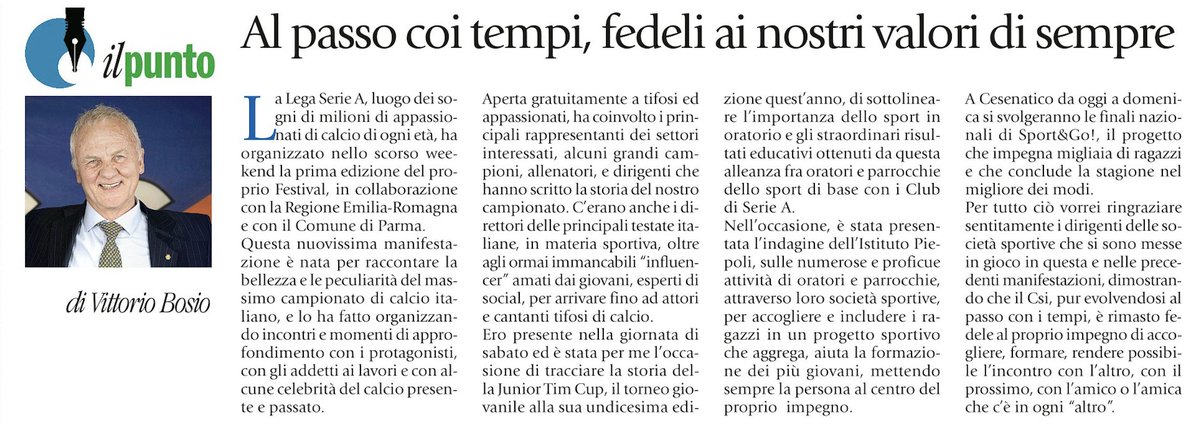 🗣️ Al passo coi tempi, fedeli ai nostri valori di sempre
✍️ L’editoriale del Presidente nazionale <a href="/ViBosCsi/">Vittorio Bosio</a> su <a href="/Avvenire_Nei/">𝐀𝐯𝐯𝐞𝐧𝐢𝐫𝐞</a> di oggi #13giugno 
👇 centrosportivoitaliano.it//notizie/notiz…