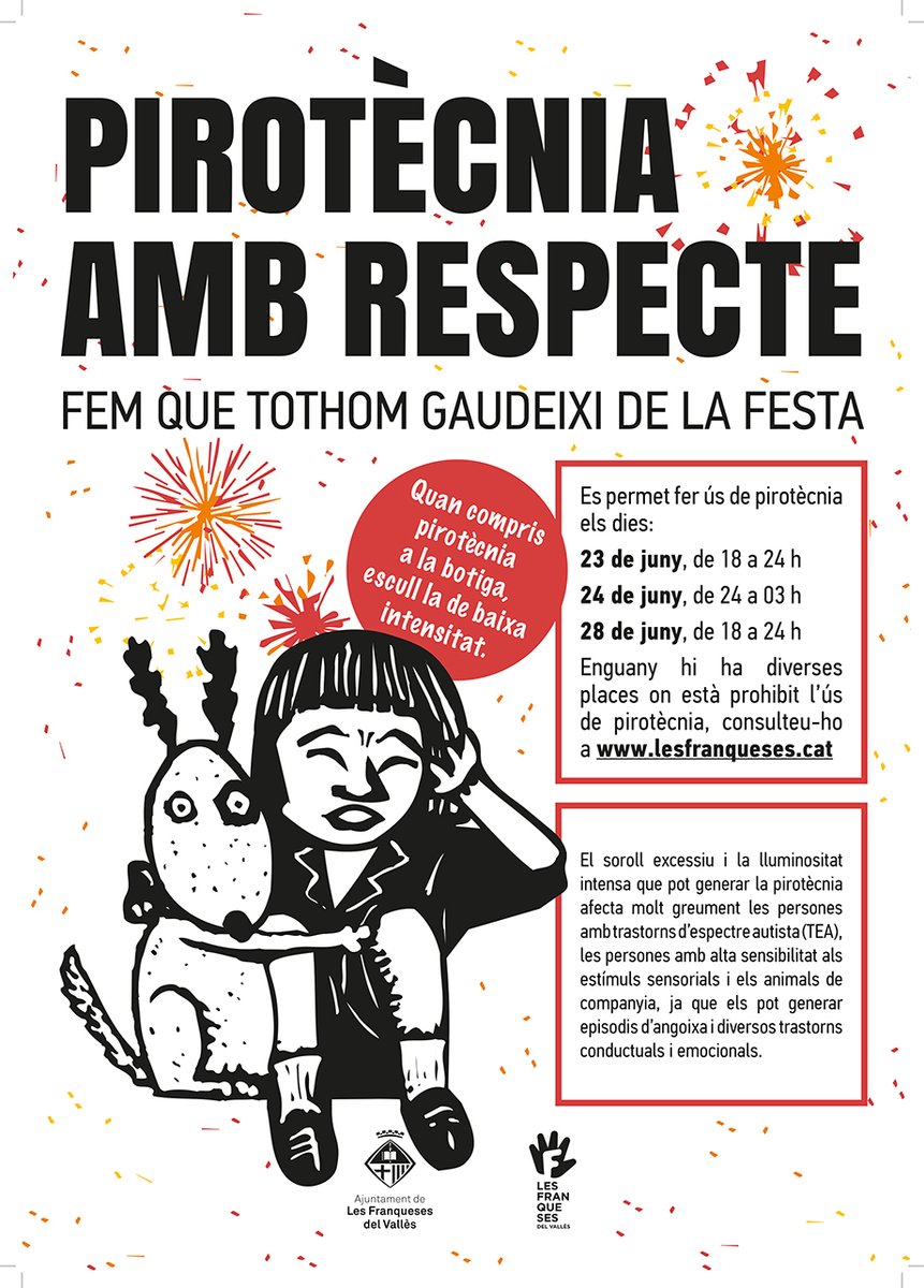 lesfranqueses's tweet photo. A #lesFranqueses volem una revetlla de Sant Joan respectuosa per això engeguem la campanya "Pirotècnia amb respecte" per fomentar l'ús de la pirotècnia de baixa intensitat i una normativa amb les restriccions horàries i d'espais per llençar petards https://t.co/pY3wrrkoOY https://t.co/yiunsBt6mc
