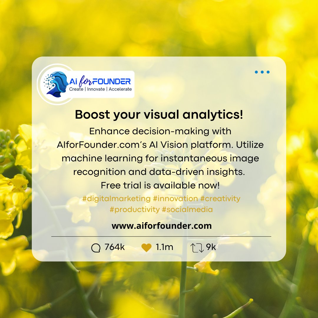 AiForFounder's tweet photo. Boost your visual analytics!
Enhance decision-making with https://t.co/gWmVUSWv0H’s AI Vision platform. Utilize machine learning for instantaneous image recognition and data-driven insights.
#AIForFounders #SmartContentTools #digitalmarketing #socialmedia https://t.co/yufYm0FZ0g