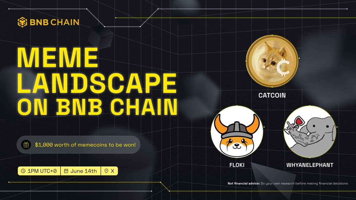 BNBCHAIN's tweet photo. Tune into our space tomorrow to explore the Meme Landscape on BNB Chain! 🤩 

Quote share this post with #BNBmemes for a chance to win from a $1,000 prize pool! 💰 5 random quotes win!

📅 Friday, 14th June
⏰ 1PM UTC
📍 https://t.co/xttSr5JGjX https://t.co/ecIe8OdmrS