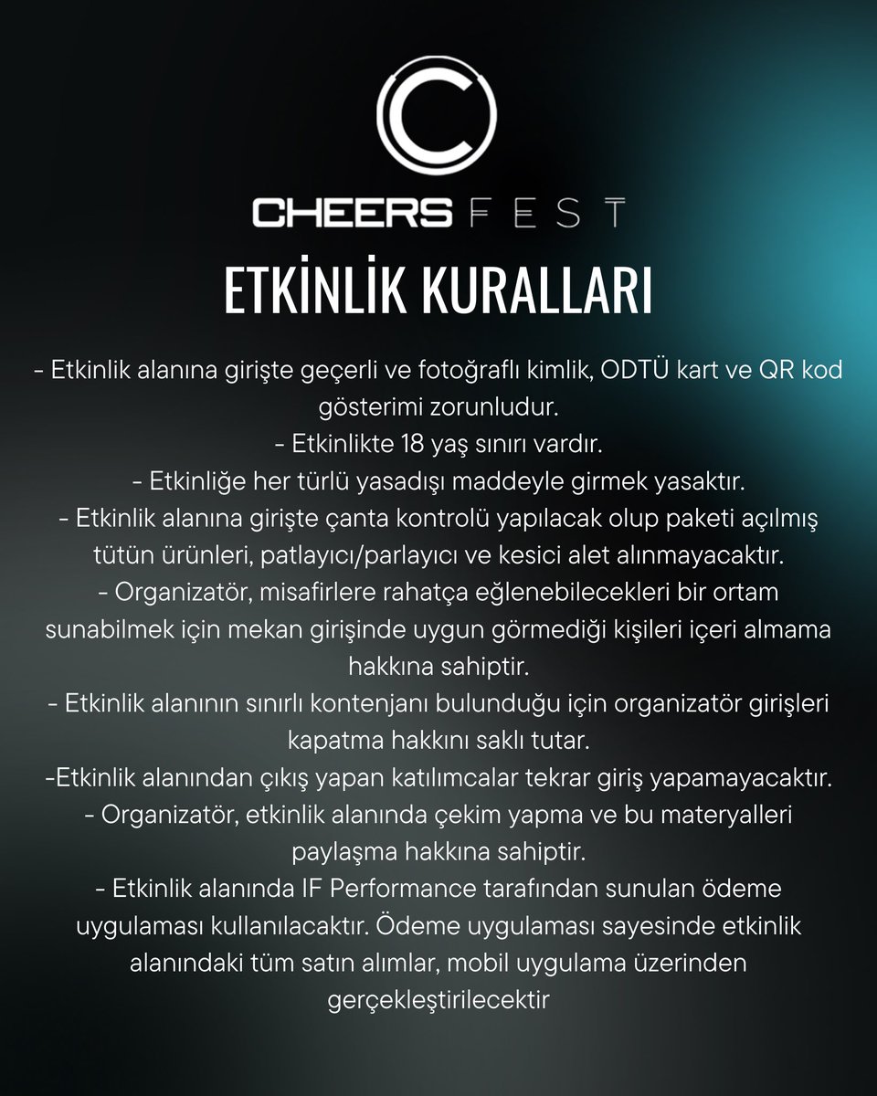 ODTÜ Sopa Celebration Capacity is Full!

- ⁠Alanına girişte geçerli ve fotoğraflı kimlik, ODTÜ kart ve QR gösterimi zorunludur.
- ⁠Alan kapı açılış saati 16.00’dır.
- Konser, etkinlik katılım formu doldurmuş ODTÜ öğrencileri içindir.