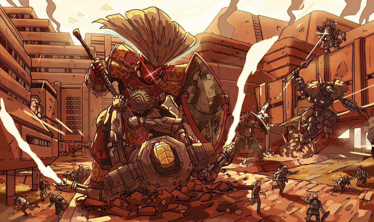 Art drop for Field Guide to Mfecane part 2,It’s so cool. Showing off the liberation of the free planet state Saljavi from the profiteer org, the Annamarie Collective.

I'm opening up commissions slots for the upcoming month, send me a dm!

#LancerRPG #Scifiart #ttrpgart #Mecha