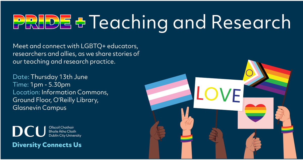 DCU's tweet photo. Presenters from @DCU_IoE, @DCUFSH and @HumanitiesDCU, will share their teaching and research practices as they relate to LGBTQ+ topics at ‘Pride in Teaching &amp; Research’ today, hosted by DCU’s LGBTQ+ staff network. All DCU staff/students welcome. Register: https://t.co/iM5QU0UvuX https://t.co/ROmHaxIxG8
