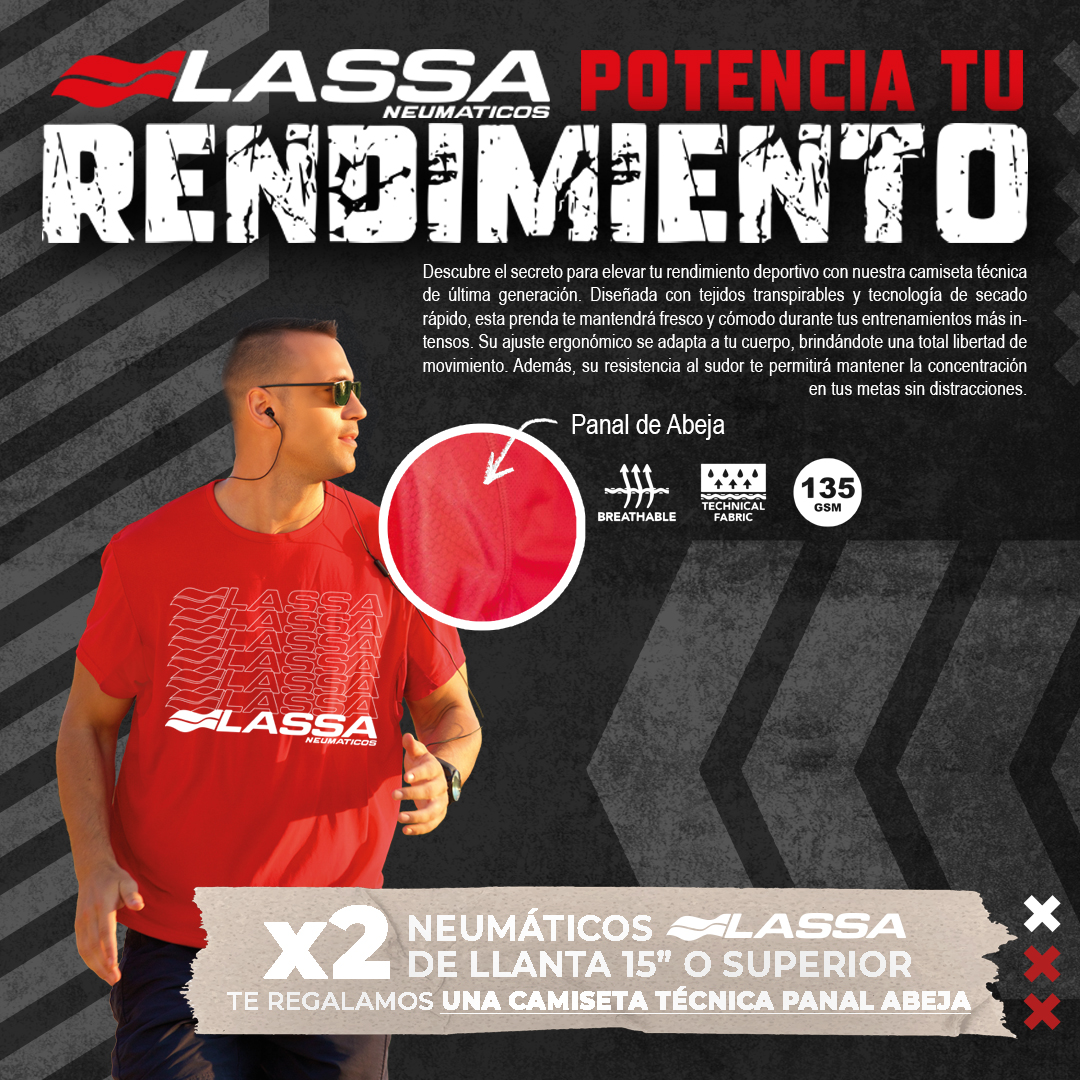 CarliderES's tweet photo. ¡Gran oferta en Lassa! 🚗 Compra 2 neumáticos y recibe GRATIS una camiseta técnica especial con tejido de panal de abeja. 🐝🏅 Durabilidad y comodidad, todo en uno. ¡No te lo pierdas! 🌟 https://t.co/dPKCQqXG9y