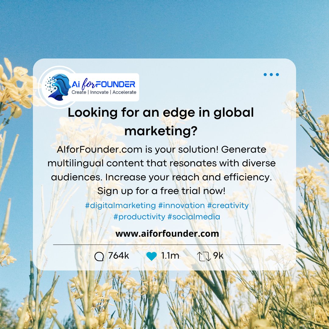 AiForFounder's tweet image. Looking for an edge in global marketing?
AIforFounder.com is your solution! Generate multilingual content that resonates with diverse audiences. Increase your reach and efficiency. Sign up for a free trial now!
#AIForFounders #AIPoweredContent #ContentCreationAI