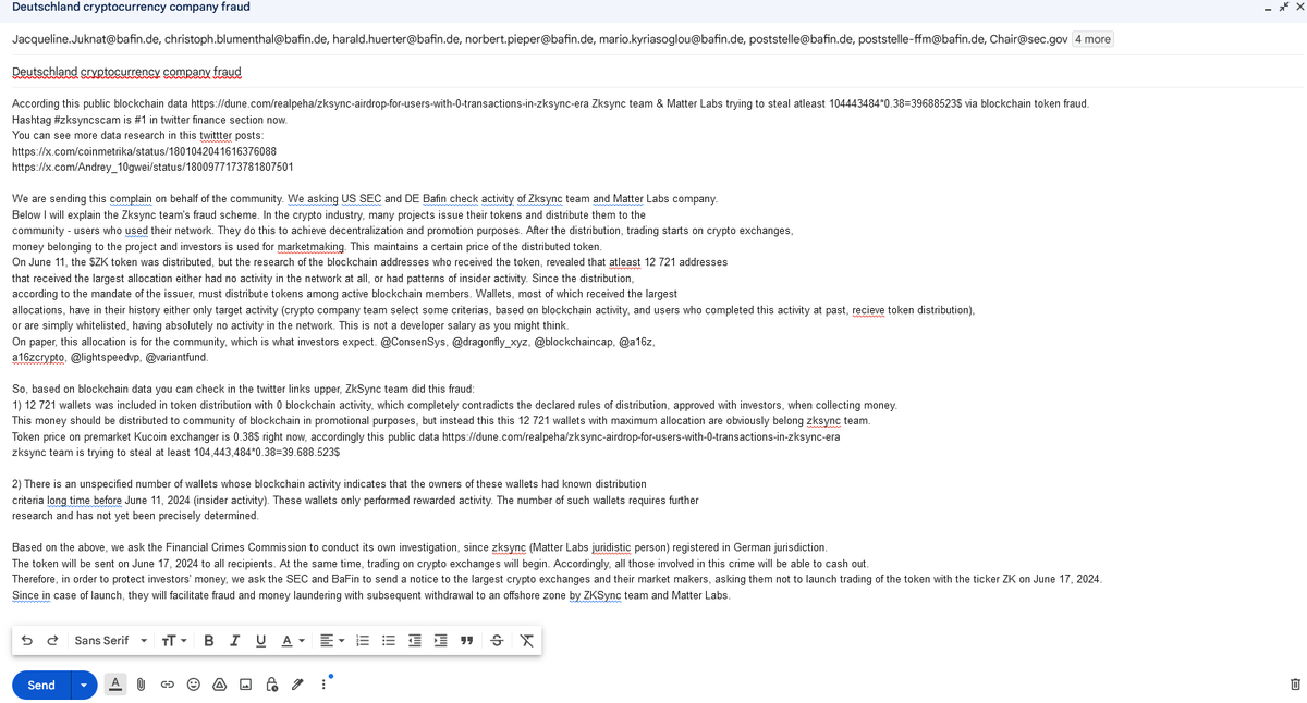 AsaiahW's tweet photo. #zksyncscam
I wrote a letter to the regulators, In the letter, I ask for an investigation into the activities of the ZK team, and also to prevent trading $ZK from start on June 17 on the CEX
Fraud should be punished, scammers should go to jail.
@zksync @TheZKNation 
@zk_apes https://t.co/ro2xMPxwu3